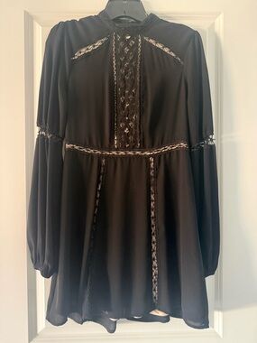 Express Black Lace-Panel Long Sleeve Mini Dress
